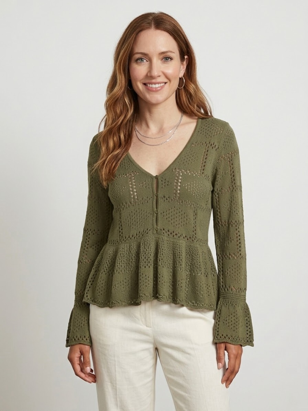 PILCRO Open Knit Crochet Peplum Cardigan V-Neck Flare Bell Sleeve Button Top